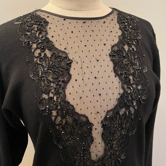 Kenar Black Lambs Wool Deep V Neck Sweater with Beading, & Lace / Womens Size M - Picture 6 of 12